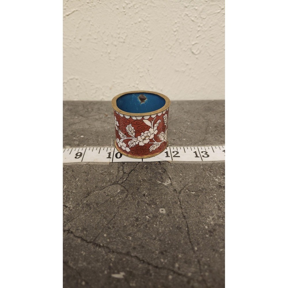Vintage Chinese Cloisonne Red Floral Enamel Mini Pot Toothpick Holder Decor - Picture 8 of 8